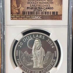 2014 Canada S20 Proof Coin • Prehistoric Animals Series: Woolly Mammoth • Early Releases Label • 1 oz Fine Silver • NGC PF69 Ultra Cameo