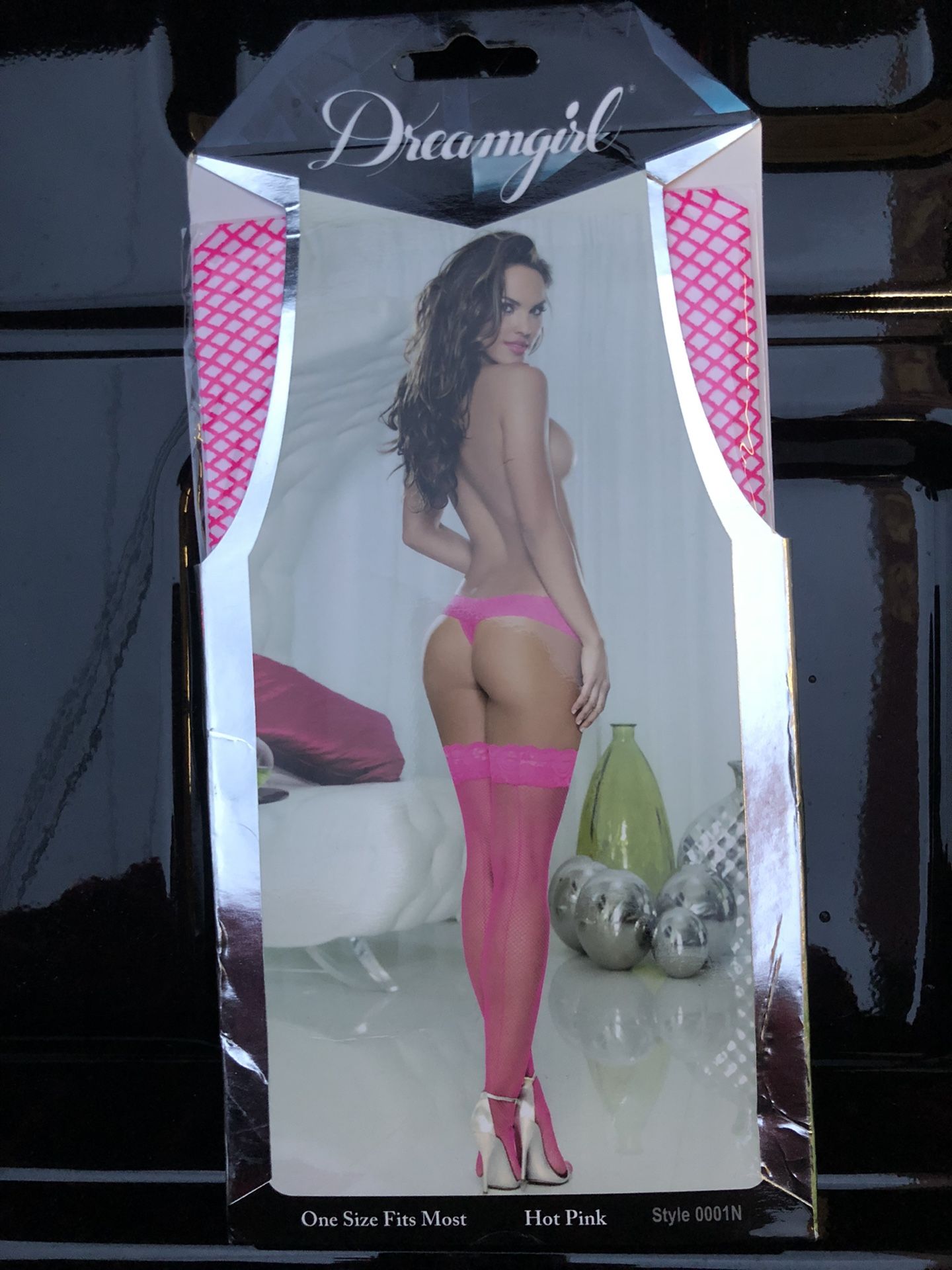 Dream Girl fishnet thigh high stockings with stay up lace top, one size fits most, hot pink