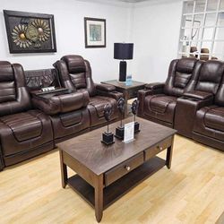 LH 👉$39 Down Payment  For Financing 👉 Owner's Box Brown Leather Power Reclining Sofa And Loveseat 