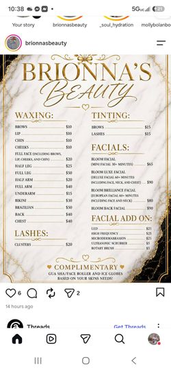 Waxing,eye lashes,facials, eyebrow tint (contact info removed)