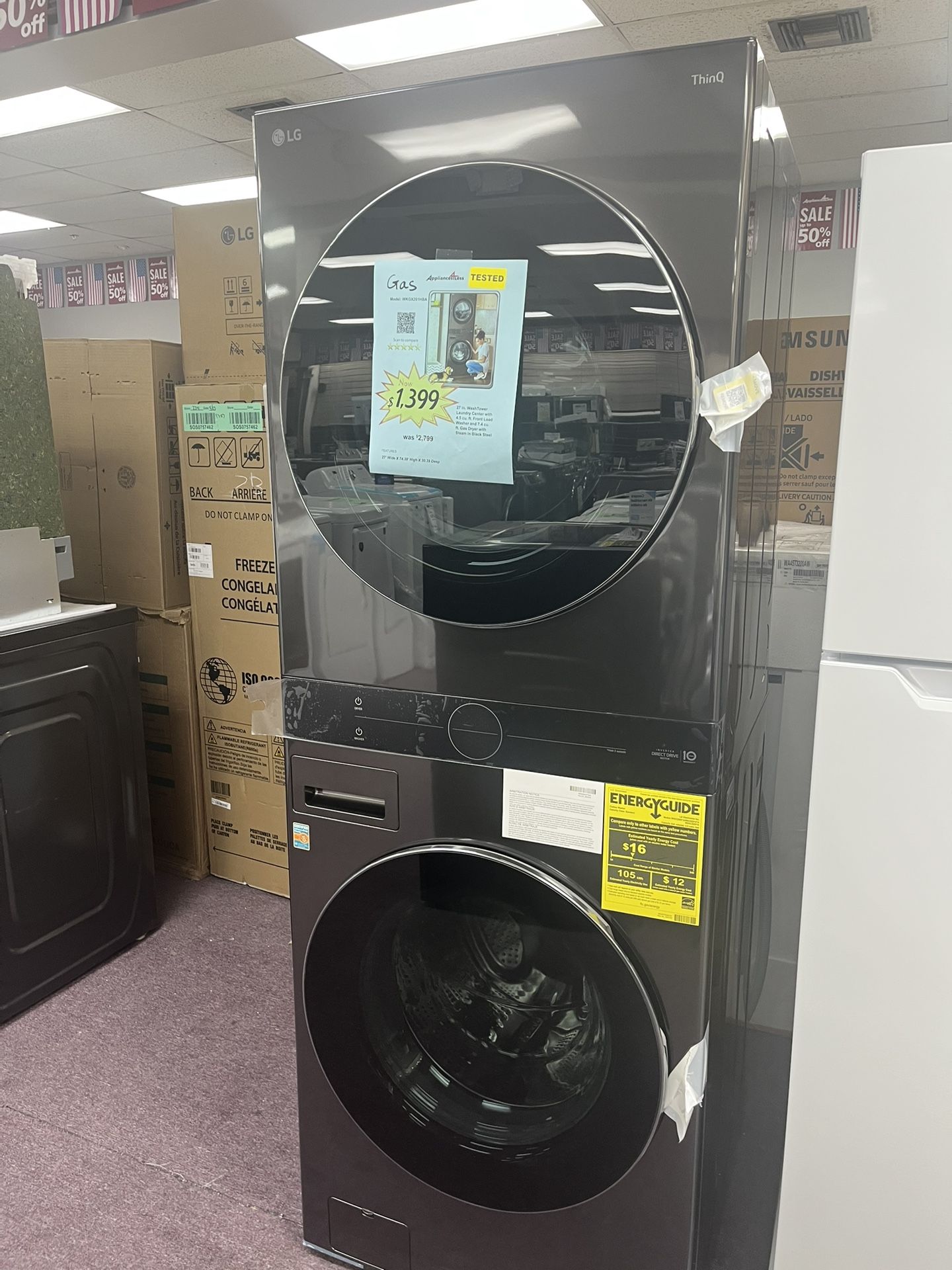 Gas Stackable Washer Dryer WashTower 27’ Black Stainless New