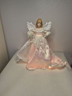 Vintage Lighted Angel Tree Topper White Iridescent Gown Feather Wings Bouquet