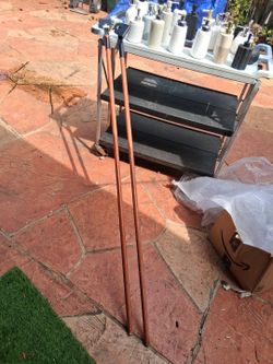 This is a set of long-handled metal garden tools with sturdy wooden handles and heavy-duty scraping or cutting heads. Ideal for yard work, clearing we