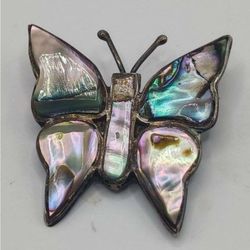 Vintage Estate Taxco Mexico Sterling Silver 925 & Abalone Butterfly Brooch Pin