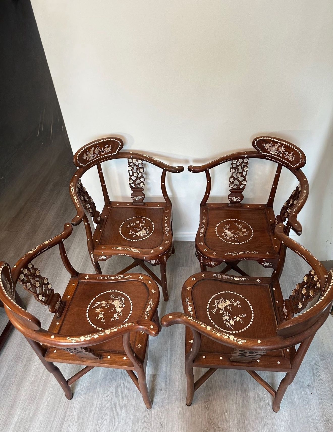 Asian Carved Inlaid Wood Armchairs,