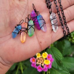 Set Of 6 Aura Quartz Point Pendants Necklace 