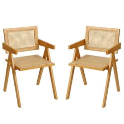 Set of 2 Rattan Accent Chairs Mid Century Dining Armchair Bamboo Frame Kitchen