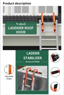 VallisCo Ladder Hooks for Roof -2 Pack Non-Slip Ladder Roof Stabilizer, Heavy Duty Steel Build with Rubber Ends, Fits Most Ladders, Ideal for Roofing,