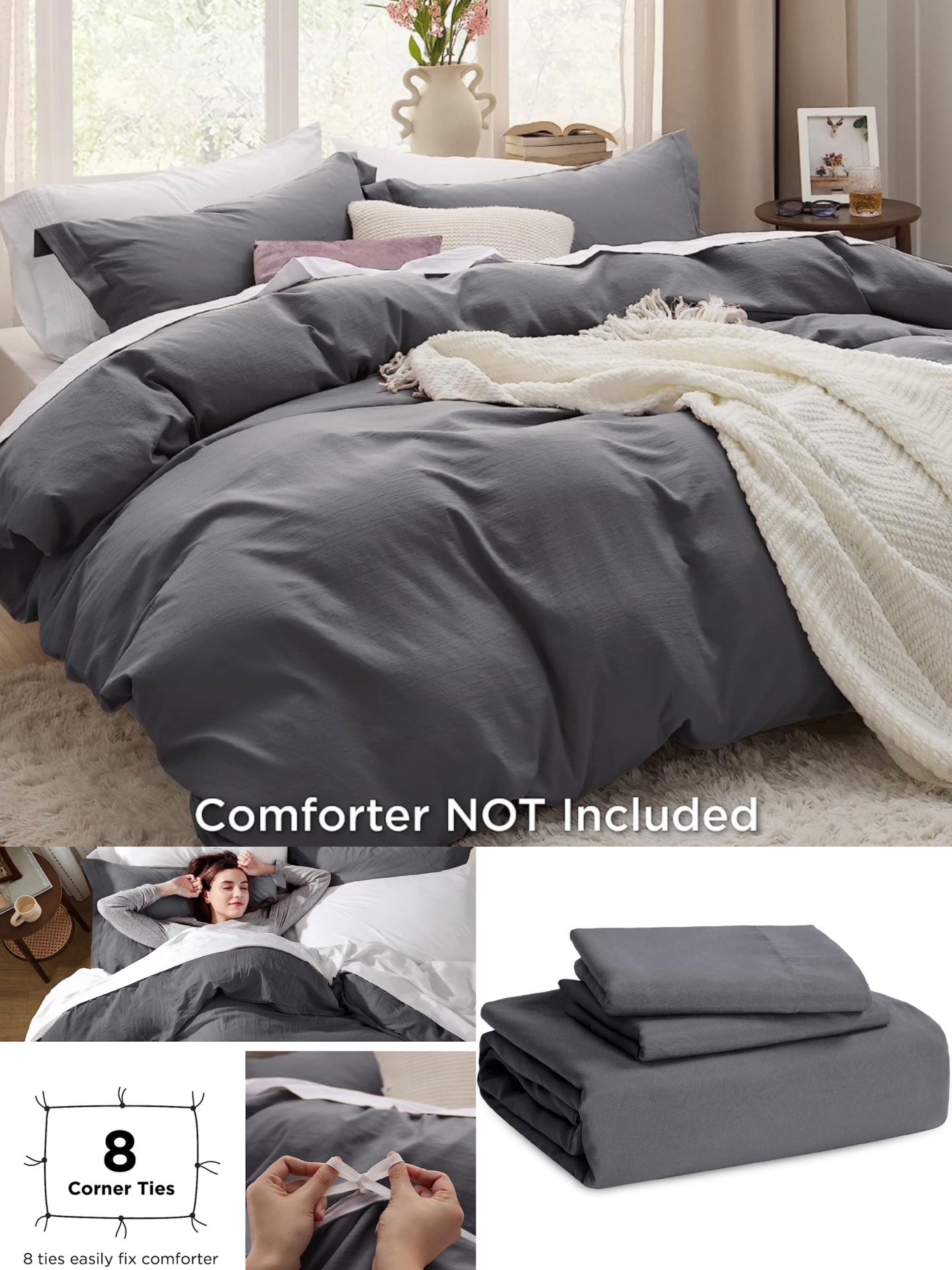 Dark Grey Duvet Cover King Size - Soft Prewashed Set, 3 Pieces, 1 Duvet Cover 104x90 Inches with Zipper Closure and 2 Pillow Shams, Comforter Not Incl