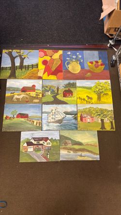 Set of 11 Hand-Painted Folk Art Canvas Paintings