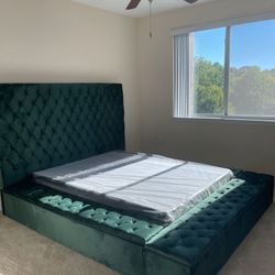 Meridian Bliss Green Velvet Queen Storage Bed