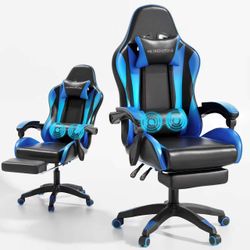 Ergonomic Gaming Chair with Massage Lumbar Support and Footrest, Heavy Duty 400lbs Computer Chair for Adults, Blue
