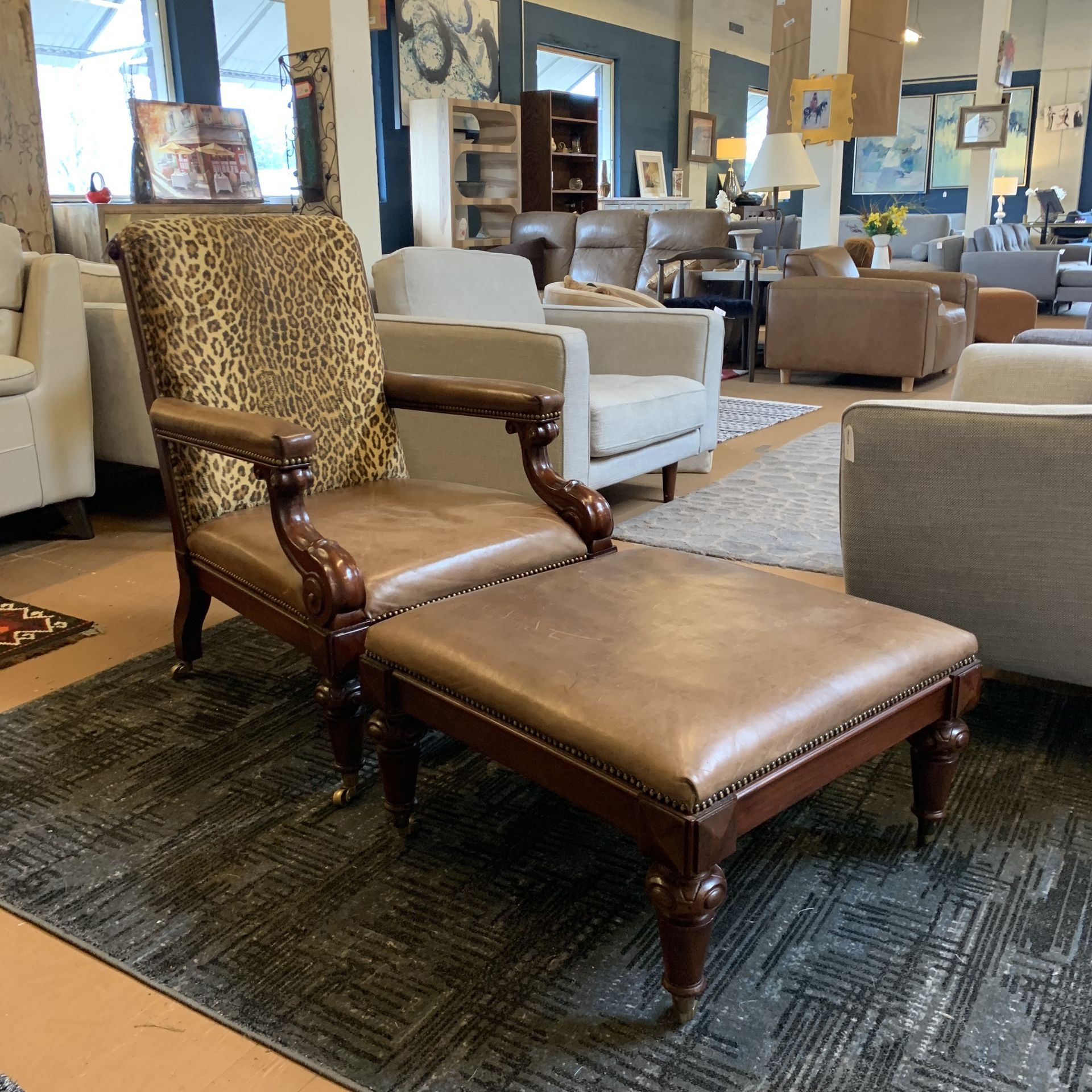 Ralph Lauren Leopard Armchair w/ Royal Leather Ottoman