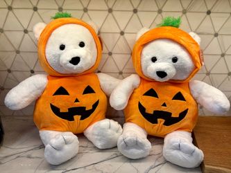Halloween teddy bear plush toys. Each white stuffed bear is dressed in an orange pumpkin costume NWTags