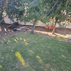 Chicken coop with biulding supplies.