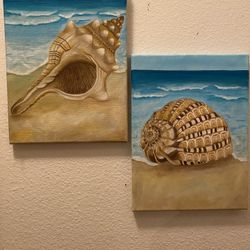 Set Of 2 Oil Paintings, Shells On Beach
