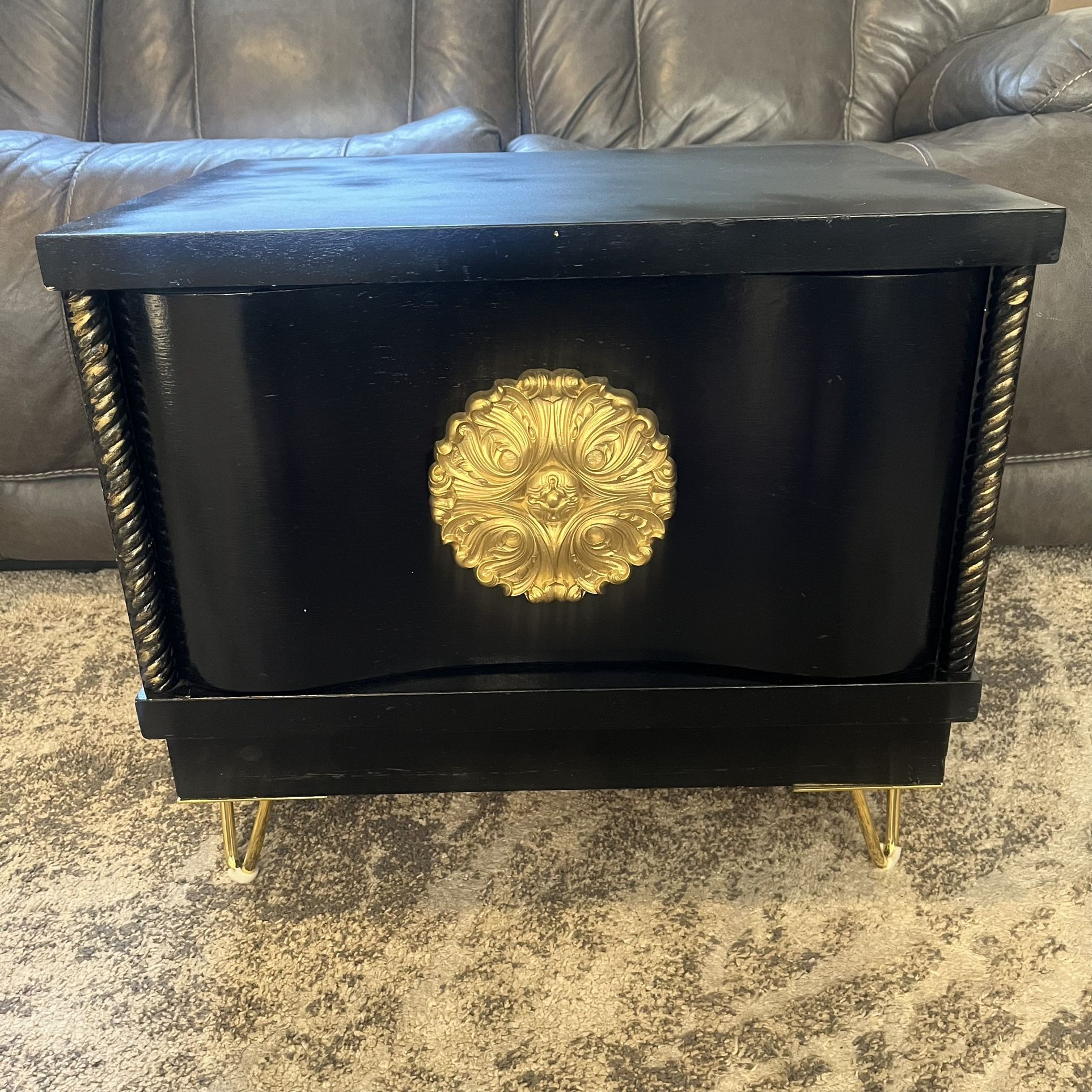 Vintage Black Storage Chest with Gold Ornate Accent and Hairpin Legs Chinoiserie Victorian Style