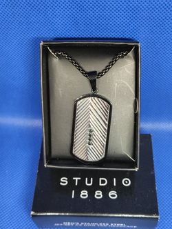 Studio 1886 Stainless Steel Jet-Set CZ Dog Tag Necklace 