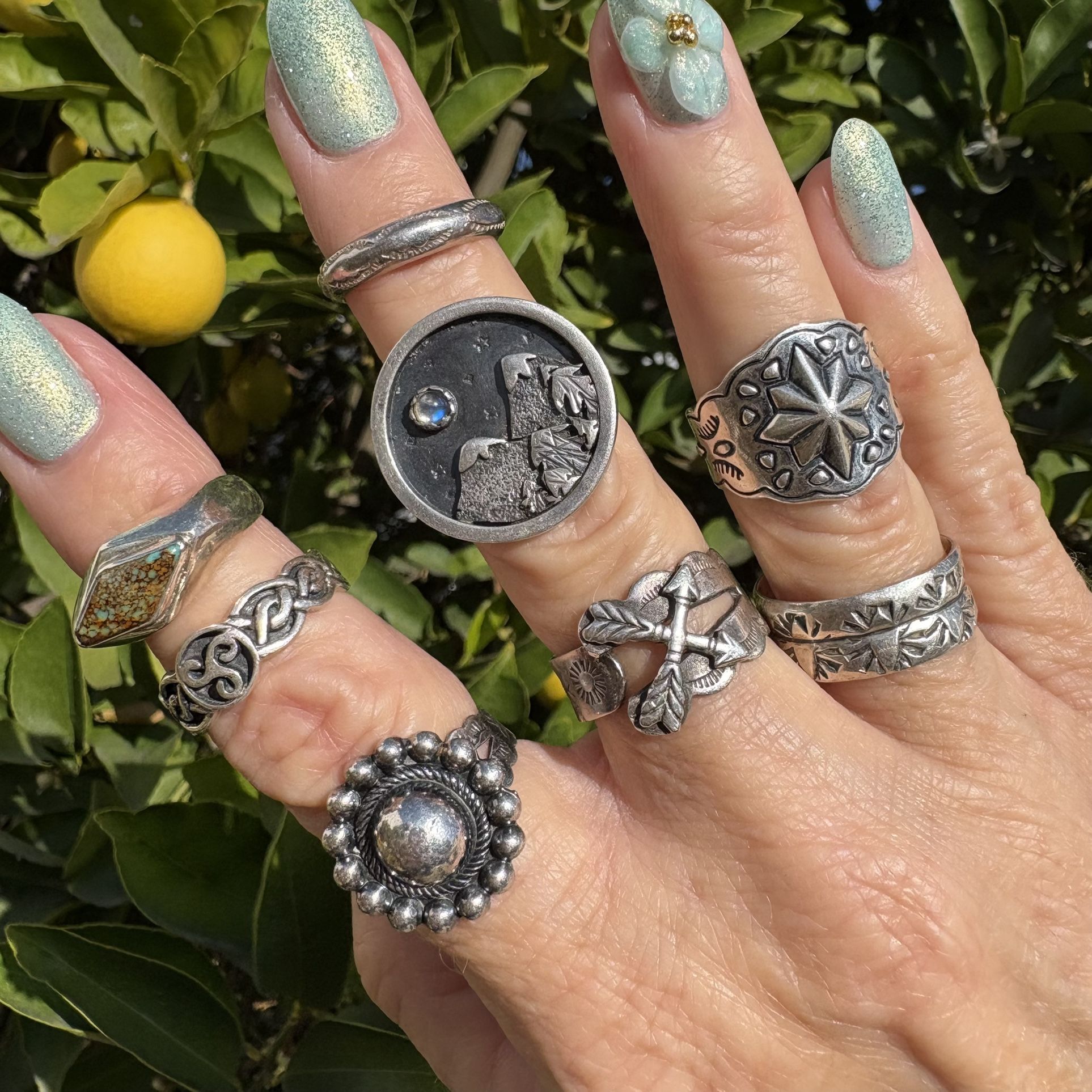 Sterling Turquoise Ring & All Sterling Design Bands Some Vintage 