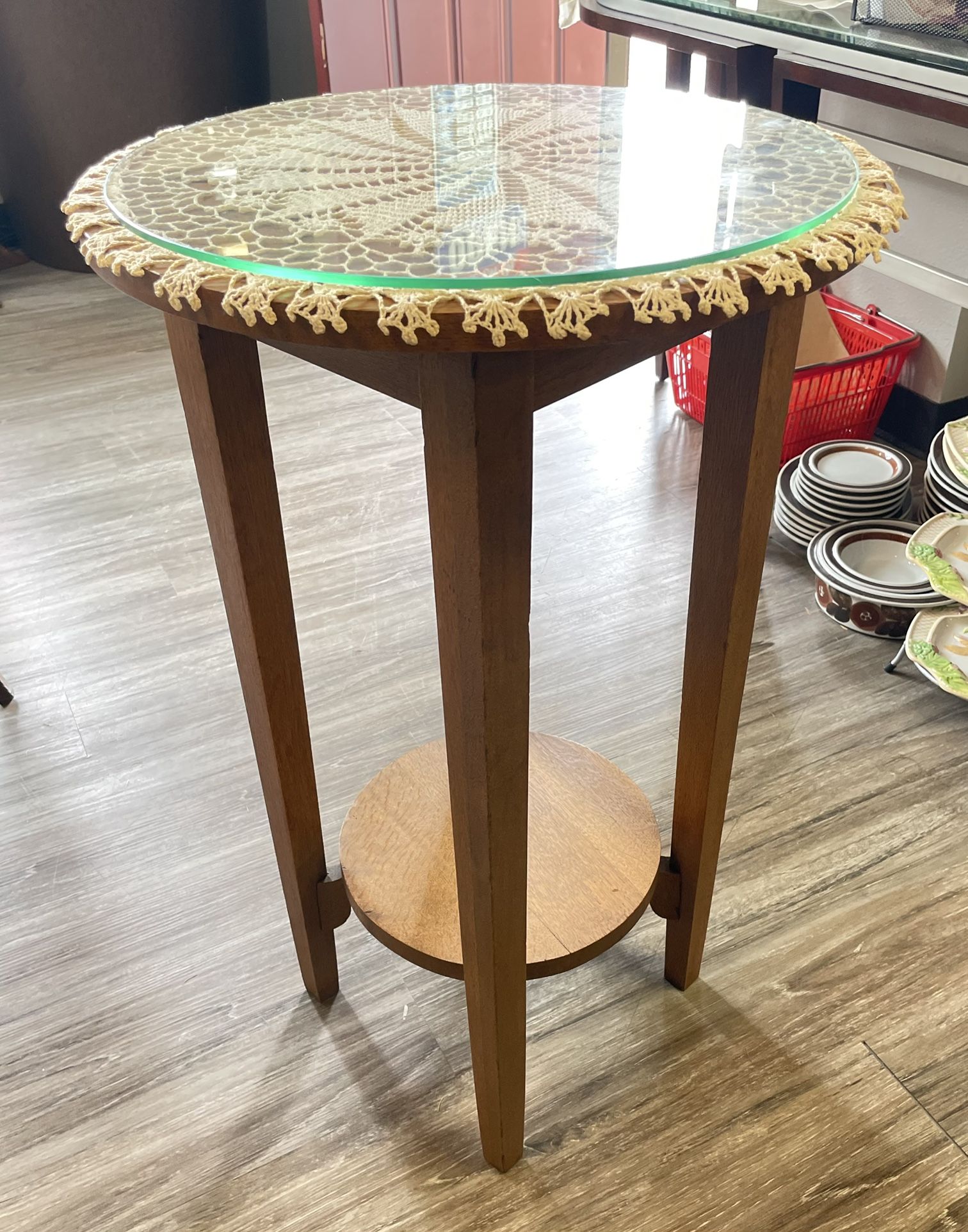 Beautiful Antique Solid Fumed Oak Side Table with Glass Top