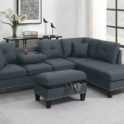 Brand New Dark Grey Sectional Sofa w Storage Ottoman 