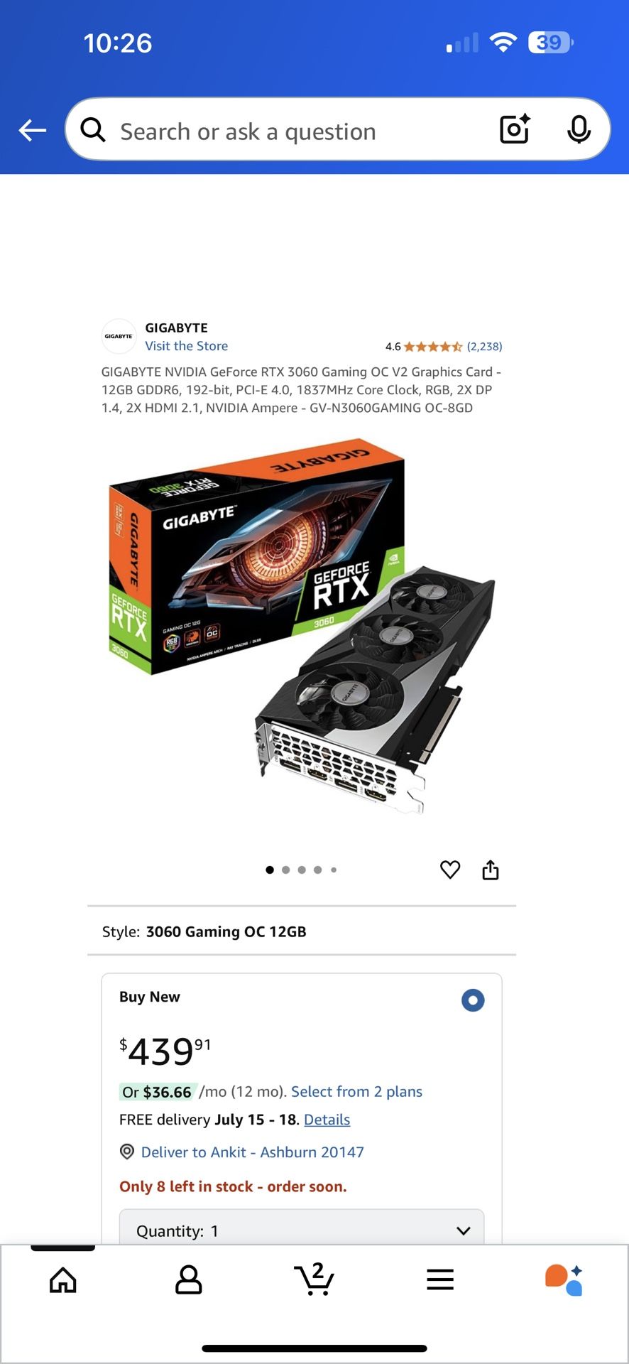 [BRAND NEW ] GIGABYTE NVIDIA GeForce RTX 3060 Gaming OC V2 Graphics Card - 12GB GDDR6