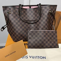 New Authentic Louis Vuitton Damier Ebene Rose Pink/Ballerine Interior MM Neverfull Handbag  