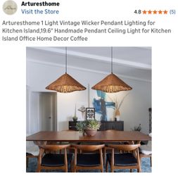 Arturesthome 1 Light Vintage Wicker Pendant Lighting for Kitchen Island,19.6" Handmade Pendant