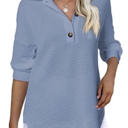 Astylish Medium Waffle Knit Tops Henley Shirts Long Sleeve V-Neck Tunic blue