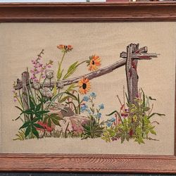 Vintage hippie floral tapestry, embroidered "Along the Way", a Paragon Crewel piece, finished, original Georgia Ball design from the 1970s