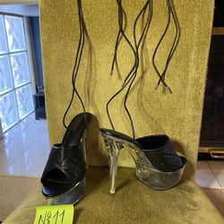 High Heel Black Strapping Stripper Shoes, Size 11