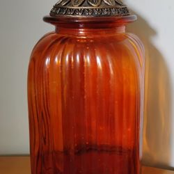 Vintage-style Amber Ribbed glass apothecary jar with a decorative metal lid 14 In Height 
