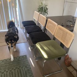 4 Mid-Century Cane Back Dining Chairs – Velvet Seats, Set of 4