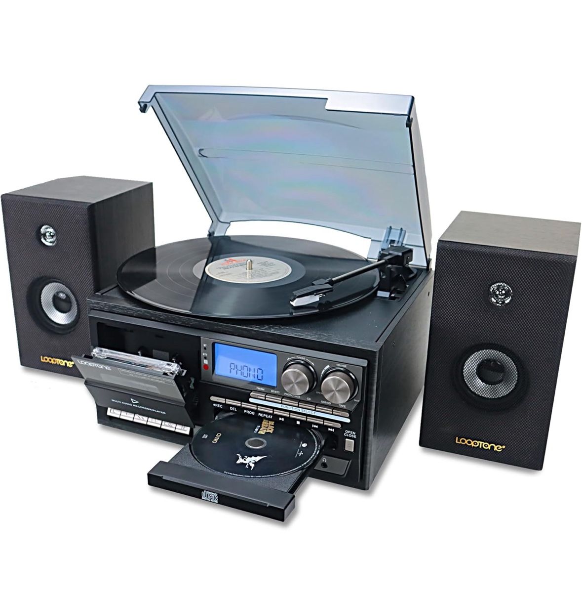 LoopTone Vinyl Record Player with Dual 15W External Speakers 10 in 1 3 Speed Bluetooth Vintage Turntable CD Cassette Player AM/FM Radio USB Recorder A