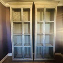 Tall Solid Wood Bookshelves With Metal Mesh Door Inserts