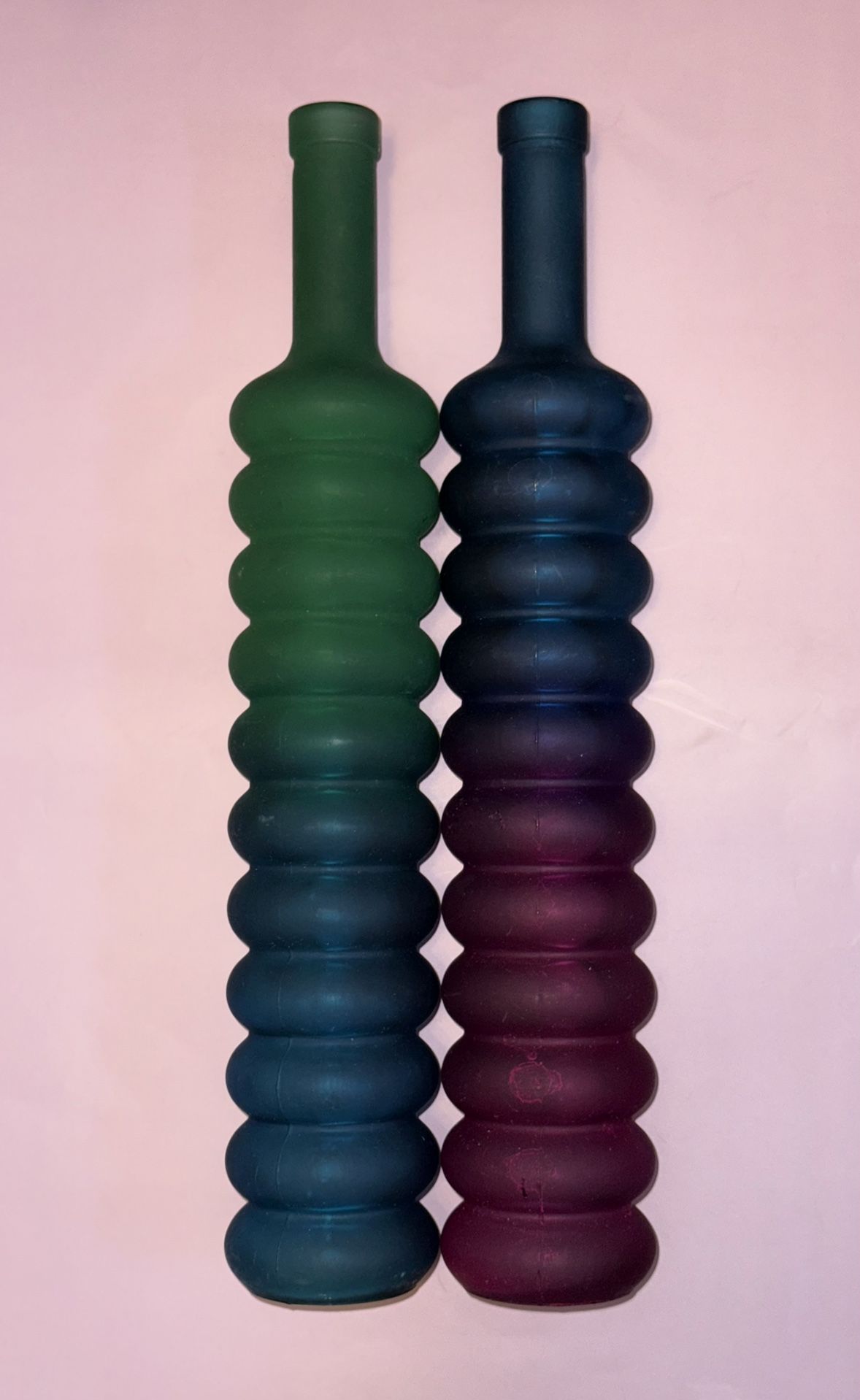 VTG Two Bubble Ringed Multicolored Glass Corked Bottles