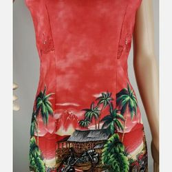 KYs Hawaiian Sheath Dress Women Size S Red Biker Palm Trees 100% Cotton USA