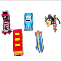 Vintage Tin Ornaments Toys Lot of 5 Germany Train Bus Motorcycle Blimp Car 