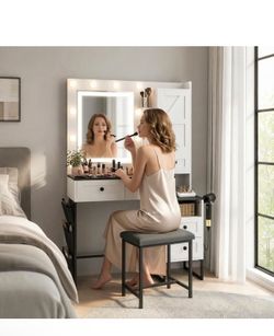 Vanity Desk with Sliding Mirror and Lights