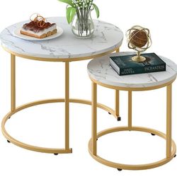 Coffee Table Nesting White Set of 2 Side Set Golden Frame Circular and Marble Pattern Wooden Tables, Living Room Bedroom Apartment Modern Industrial S