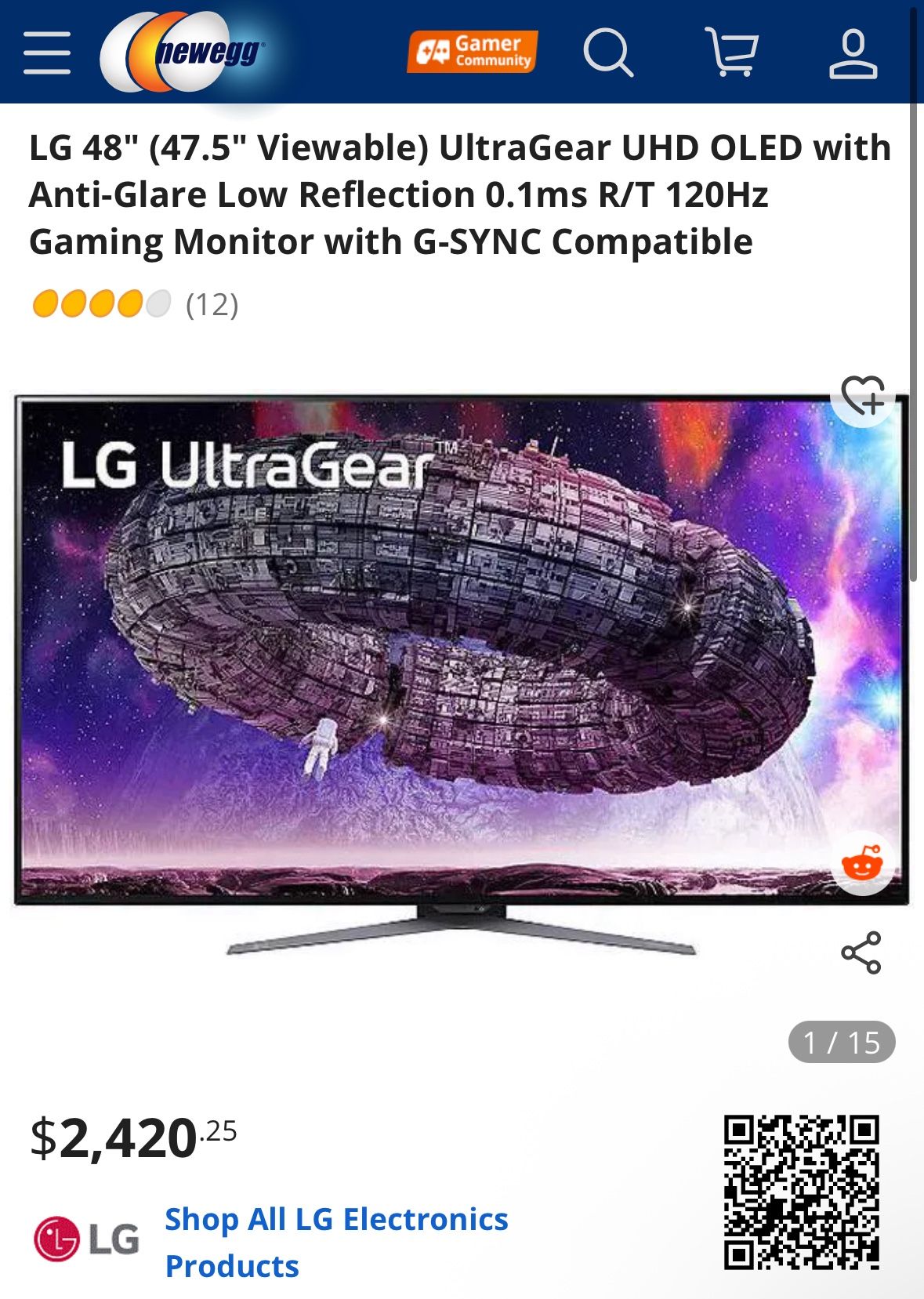 LG 48GQ900-B 48” Ultragear UHD OLED Gaming Monitor with Anti-Glare, 1.5M : 1 Contrast Ratio & DCI-P3 99% (Typ.) with HDR 10, .1ms (GtG) 120Hz Refresh 