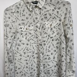 Karl Lagerfeld Paris Women’s Button-Down Blouse Shirt S Small – White/Black Graphic Print, Long Sleeve, Pocket Front