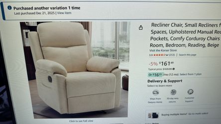 Recliner Chair, Small Recliners for Small Spaces, Upholstered Manual Recliner with Side Pockets, Comfy Corduroy Chairs for Living Room, Bedroom, Readi