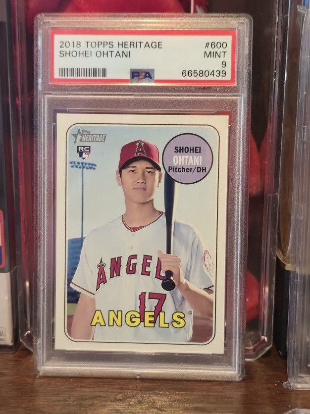 2018 Shohei Ohtani RC Topps Heritage rookie baseball card, (PSA) 9 Mint Rookie Card.
