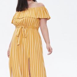 Yellow And White Plus Size Stripped Dress With Split