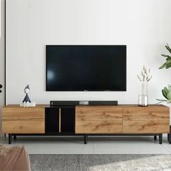 71” Modern Minimalist Natural Wood / Black TV / Media Stand  w/ Storage Cabinets [NEW IN BOX] **Retails for $409 (2 Avail)