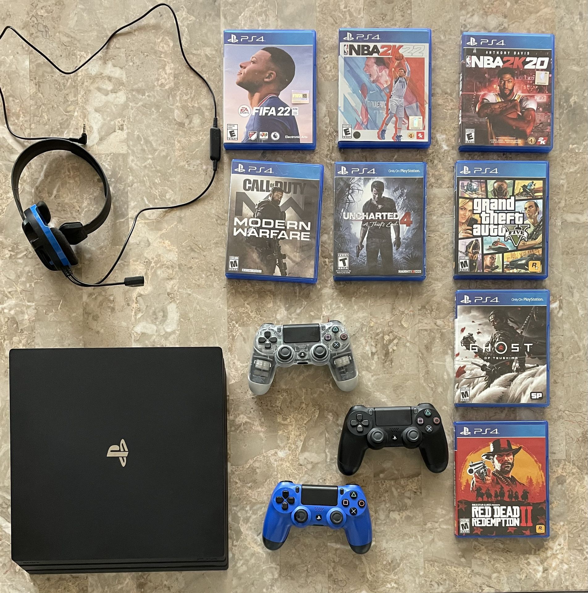 PlayStation 4 First Generation Or Pro With 3 Controllers, Turtle Beach Headset And Games 