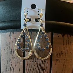 New Blue 18K Gold Plated Multi Crystal Open Drop Earrings