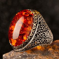 Men's Vintage Red Amber Hollow Silver Turkish Ring - Size 9