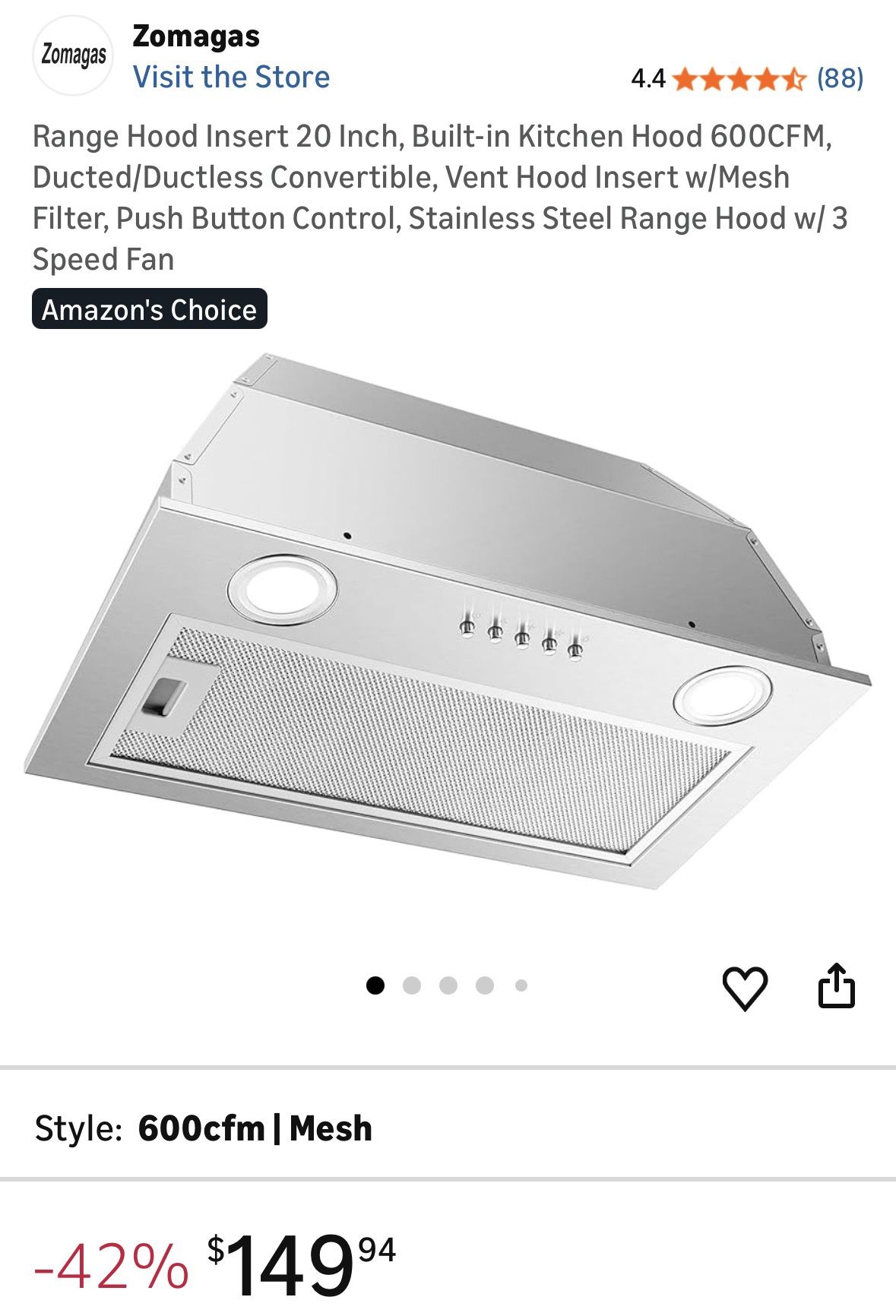 Range Hood Insert 20 Inch, Built-in Kitchen Hood 600CFM, Ducted/Ductless Convertible, Vent Hood Insert w/Mesh Filter, Push Button Control, Stainless S